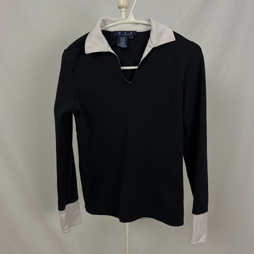 MAG by Magaschoni Black White Pullover V Neck Collar Sweater Sweatshirt Size S